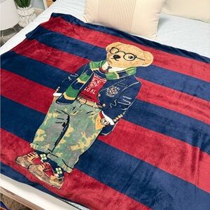 RARE Polo Teddy Bear Striped Blanket Varsity Red and Blue